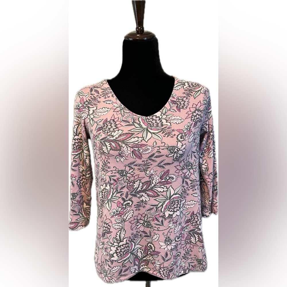 J. Jill Pink Floral V-Neck 3/4 Sleeve Top - Picture 2 of 10